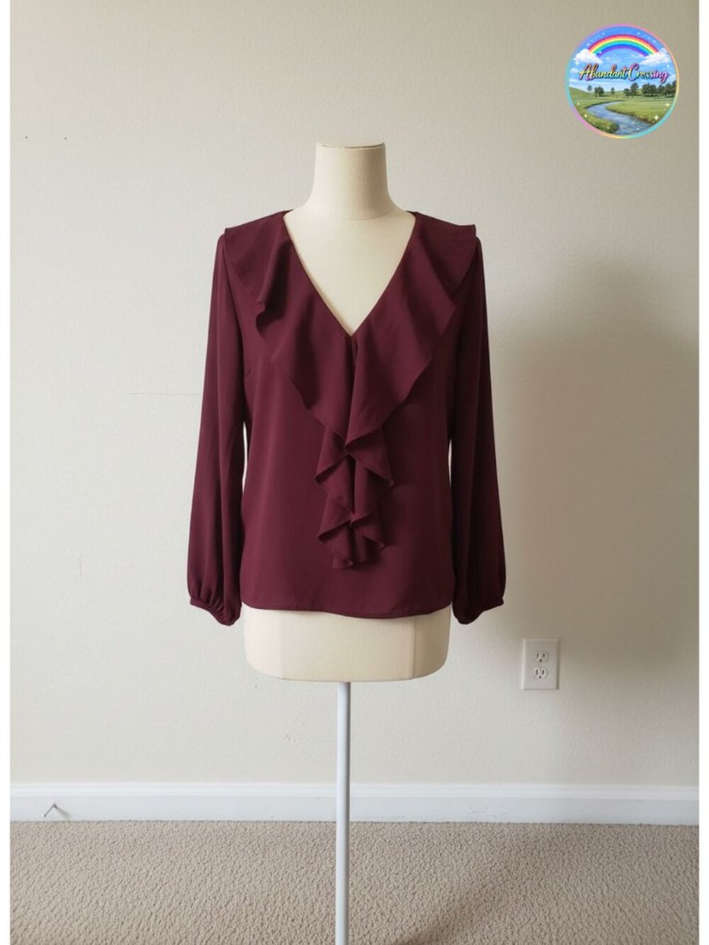 Womens Ruffled V-Neck Button Down Blouse 3/4 Sleeve Business Casual Top